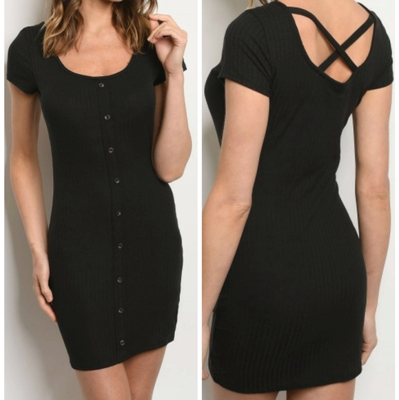 WOMEN SHORT SLEEVE BLACK SCOOP NECK CROSS BACK RIBBED KNIT BODYCON MIDI DRESS  - Picture 1 of 4
